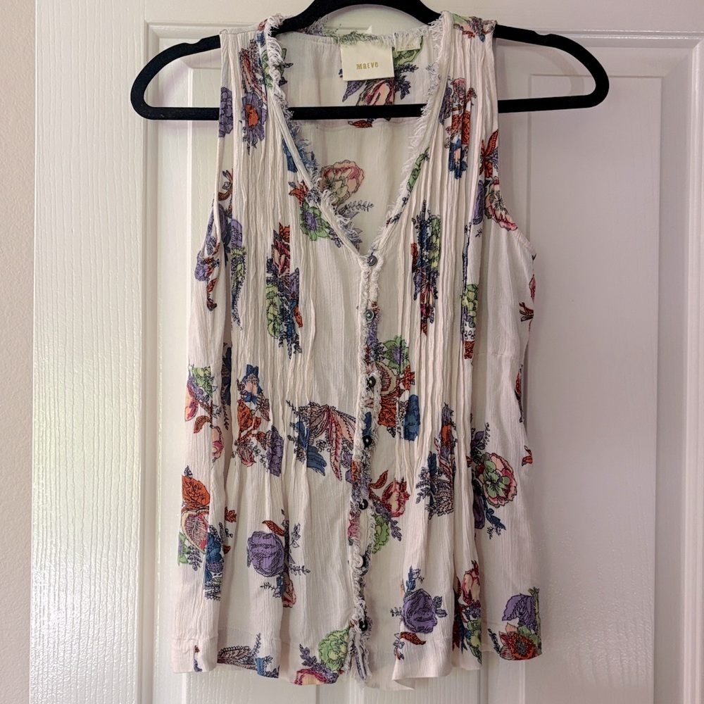 Maeve White Floral Sleeveless Button-Front Blouse